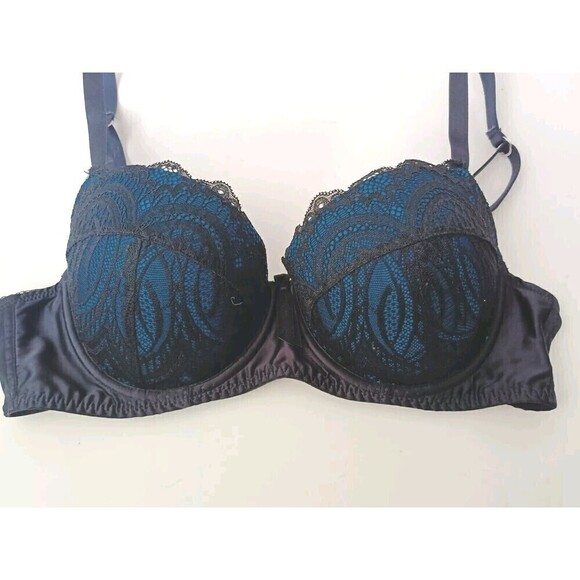 Frederick’s of Hollywood Bra Size 36C Black and Teal Lace Balconette Underwired - Picture 2 of 9